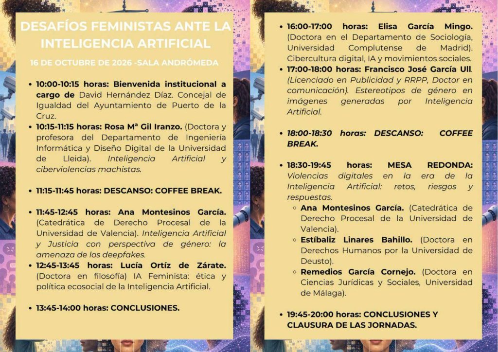 Programa de las III Jornadas de Ciberviolencias Machistas, «Desafíos feministas ante la inteligencia artificial», el 16 de octubre de 2026 en la sala Andrómeda de Puerto de la Cruz (Tenerife)